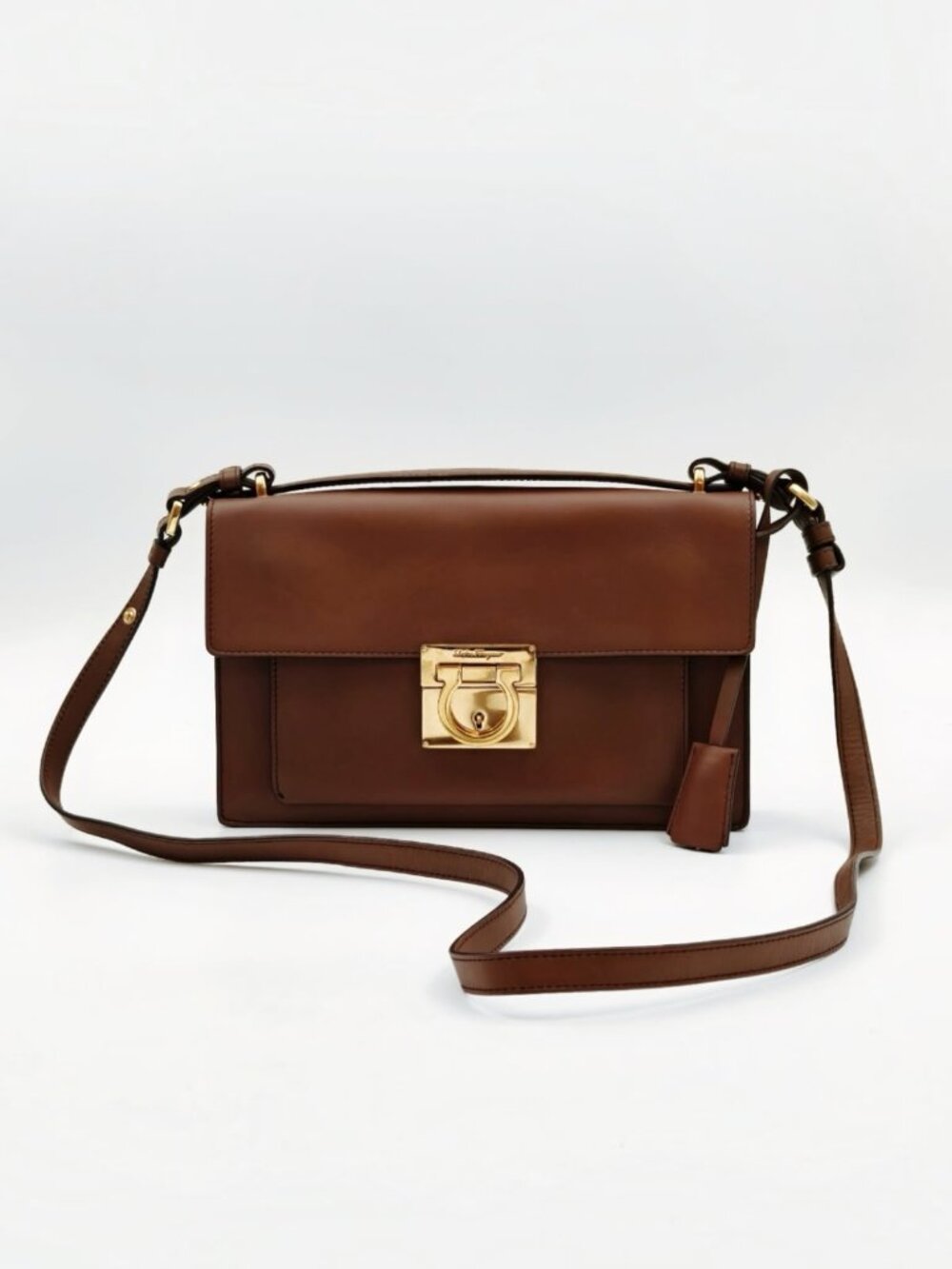 Salvatore Ferragamo Gancini Brown Leather Shoulder Bag Turn Lock Italy